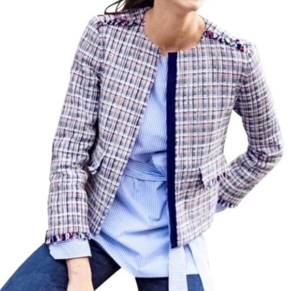 J. Crew Tweed Navy Red Lady Jacket Blazer Classic Tailored Chic Sz 14 - Picture 14 of 14
